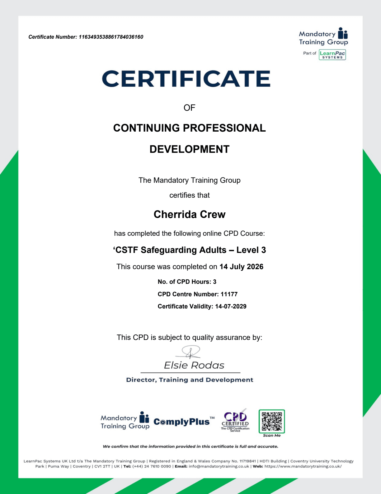 CSTF Safeguarding Adults Level 3 certificate awarded to Cherrida Crew