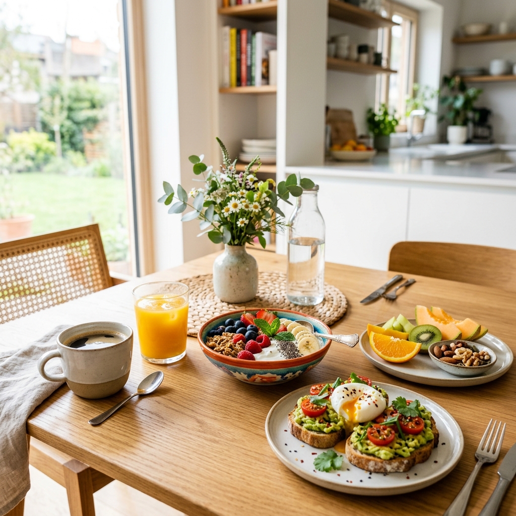 A healthy and nutritious breakfast on a modern kitchen table