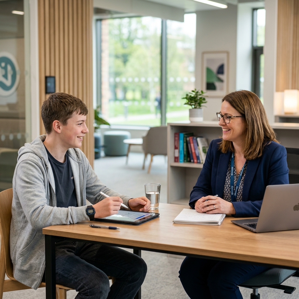 A teenager having a positive, supportive conversation with a specialist in a bright room
