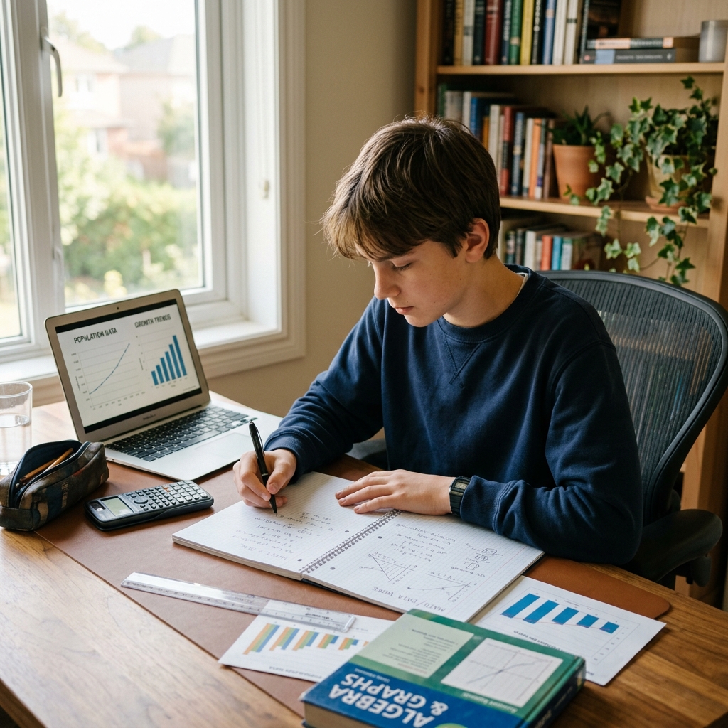 A teenager working on mathematics at a well-lit desk.