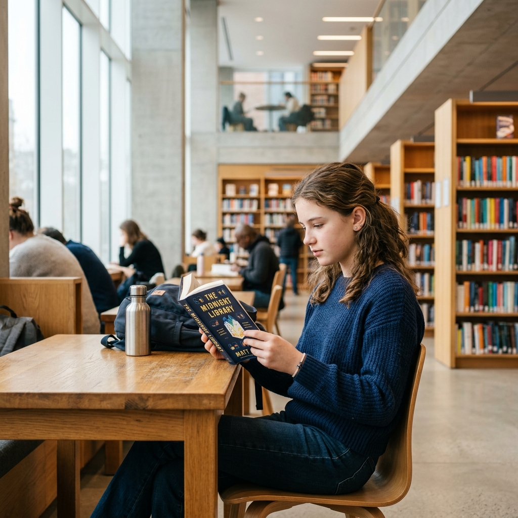 A teenager focused on reading in a modern library.