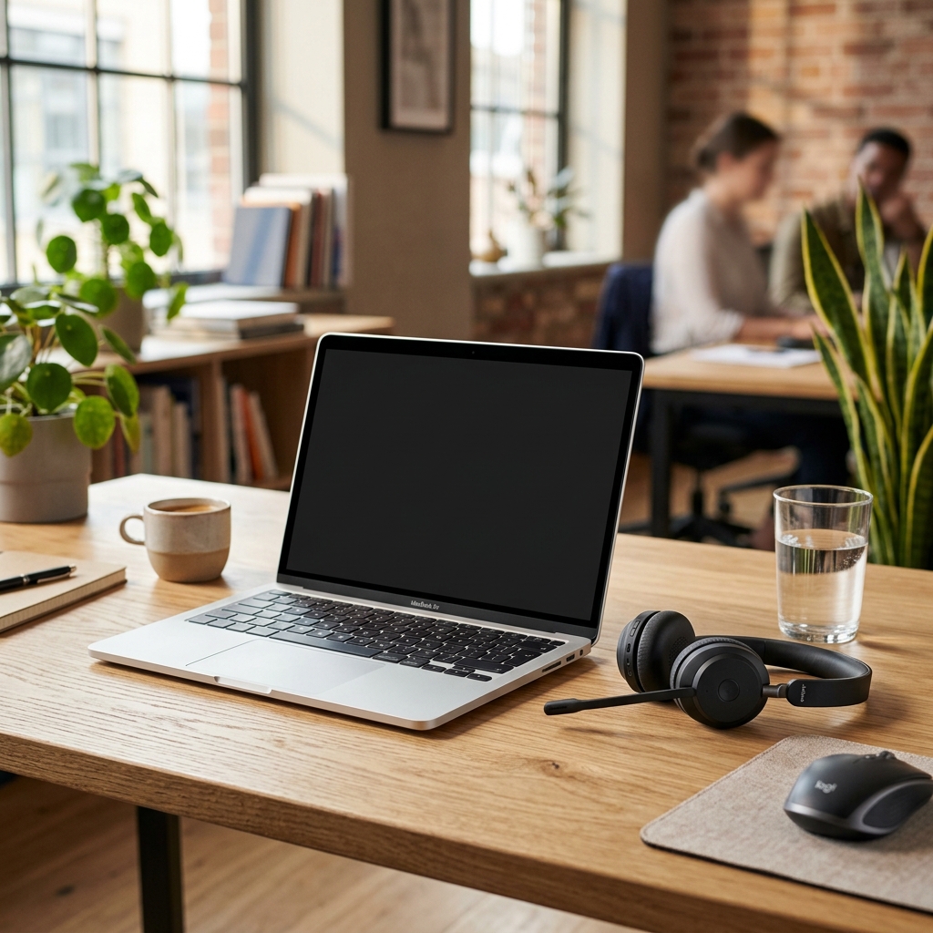 A laptop and professional headset