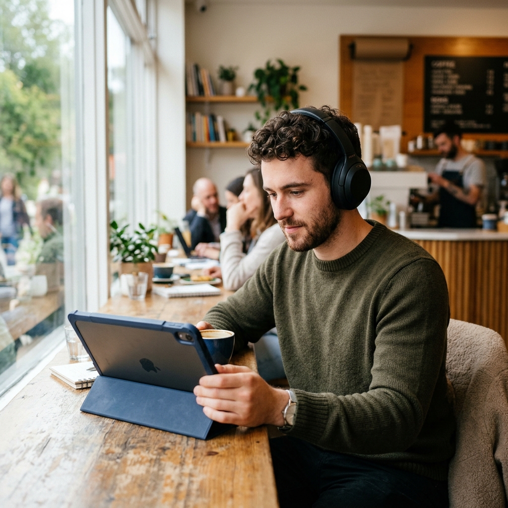 A young adult male using a text-to-speech reading tool on a modern tablet in a cozy cafe.