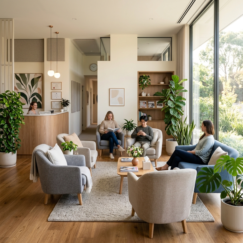 A calm, comfortable, and modern clinic waiting area
